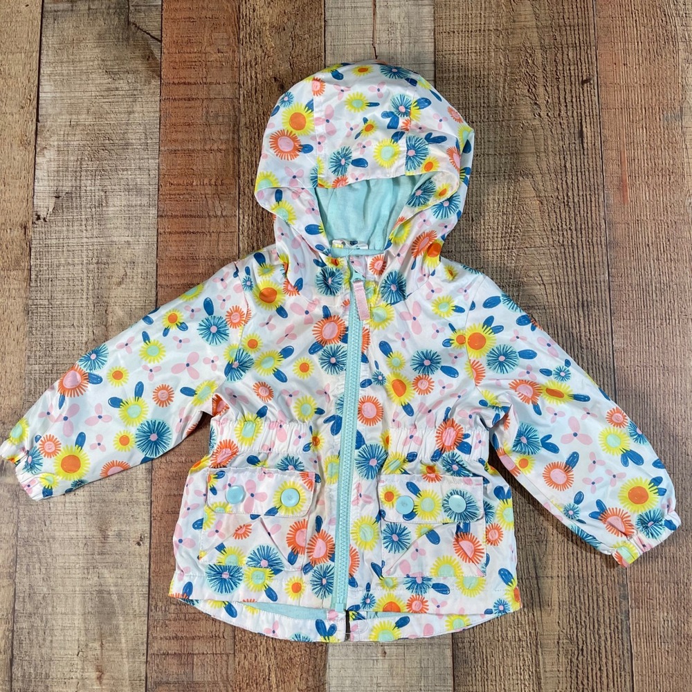 Cat & Jack White Floral Sun Print Hooded Windbreaker Jacket Toddler Size 18M